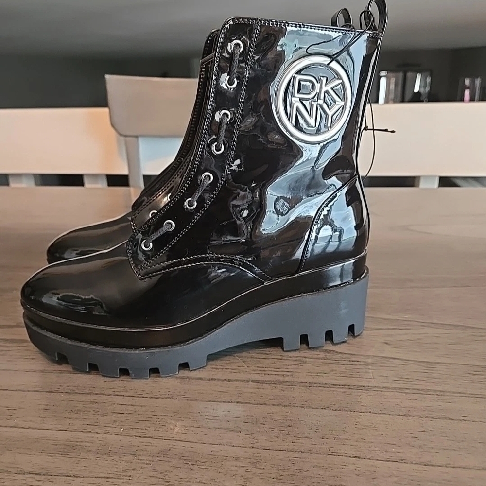 DKNY Shiny Black Combat Boots